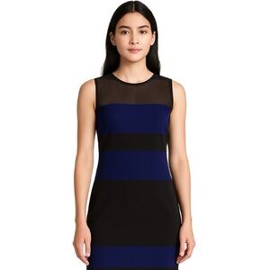 DVF | Meta Striped Mini Dress in Blue and Black Sheer Mesh Top | 10